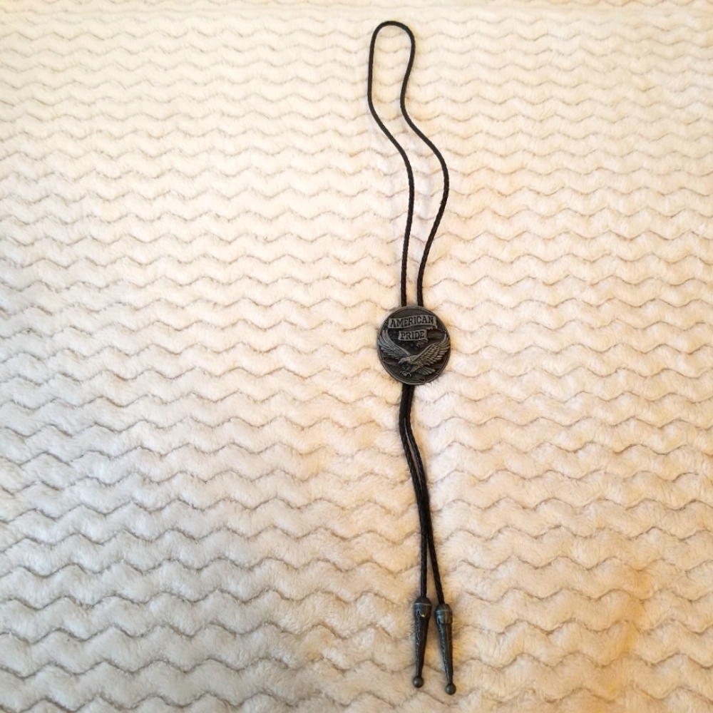 American Pride Braided Leather Pewter Flying Eagle Adjustable Bolo Tie